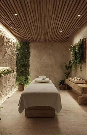 Ruang treatment spa dengan interior kayu dan tanaman