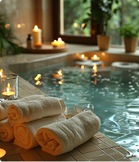 Kolam spa dengan lilin dan handuk tergulung