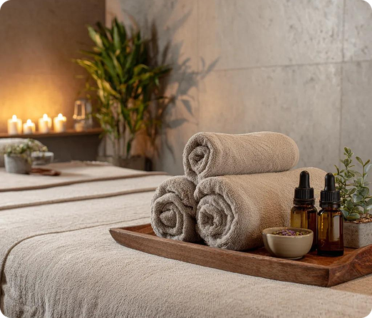 Handuk tergulung dan minyak esensial di ruang spa